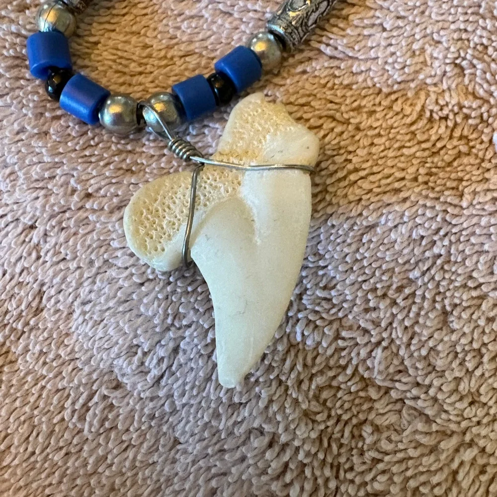 Blue Beaded Necklace with Beige Shark Tooth Pendant